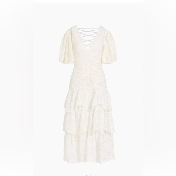 🆕 Farm Rio White Cotton Eyelet Puff Sleeve Midi Dress XXS - Picture 8 of 9